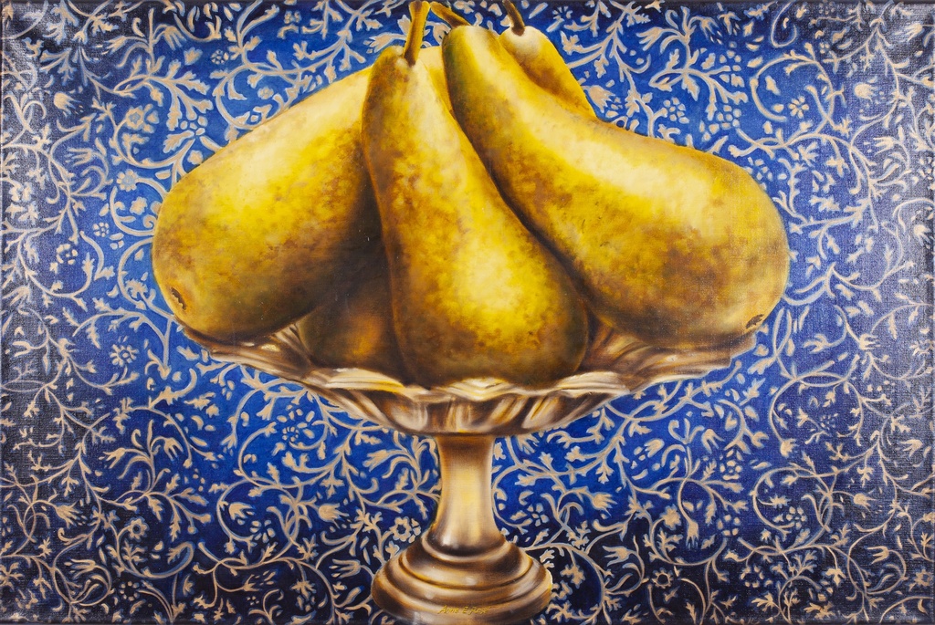 5 peren op een schaaltje blauw-goud fond