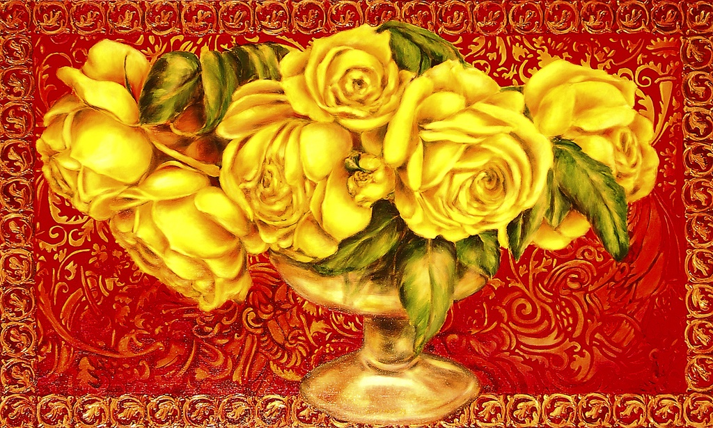 Gele rozen op rode fond