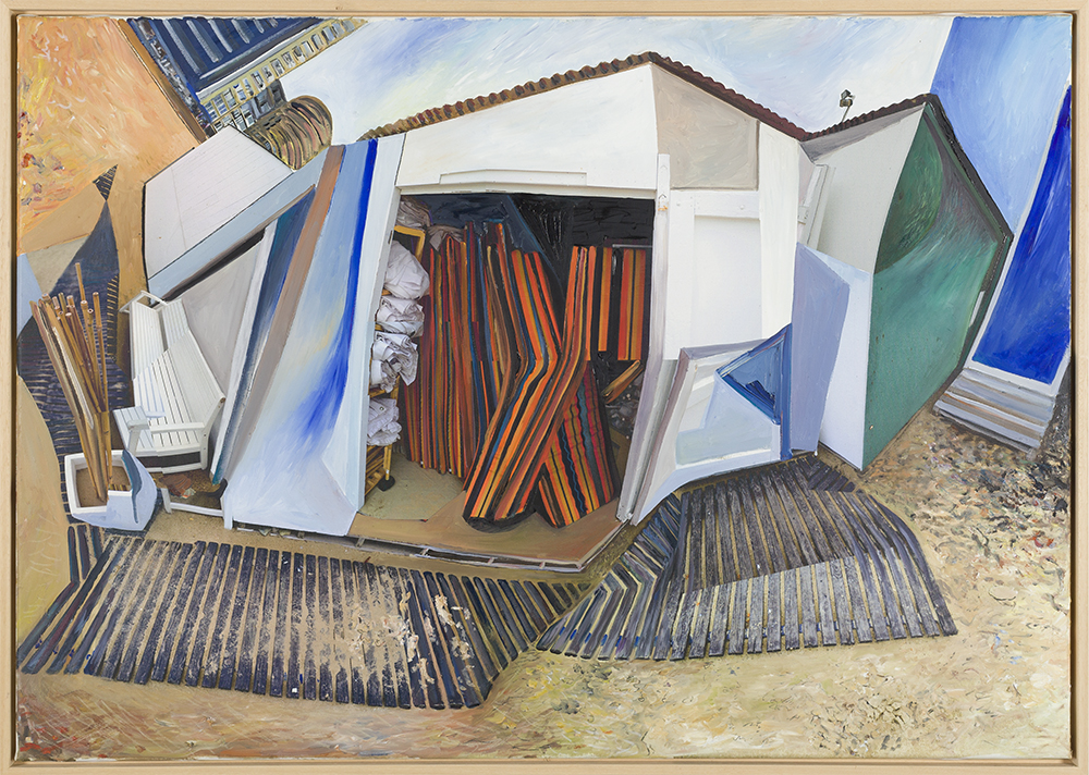 Strandcabine met gestreepte kussens