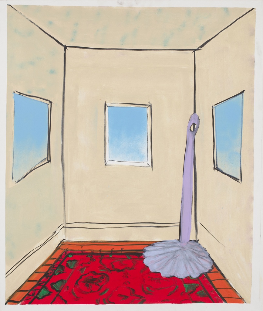 Empty hotel room with a broom