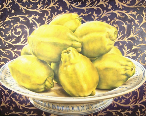 [09080040] 10 citroenen op bord (blauw-gouden fond)