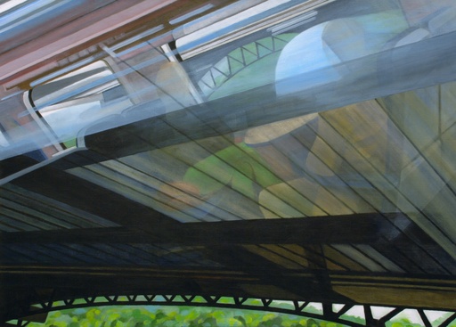 [10990037] Reflecting a bridge and travellers