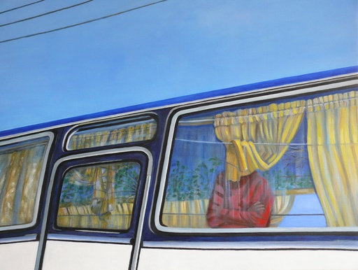 [10990064] Reflection in the bus before departure